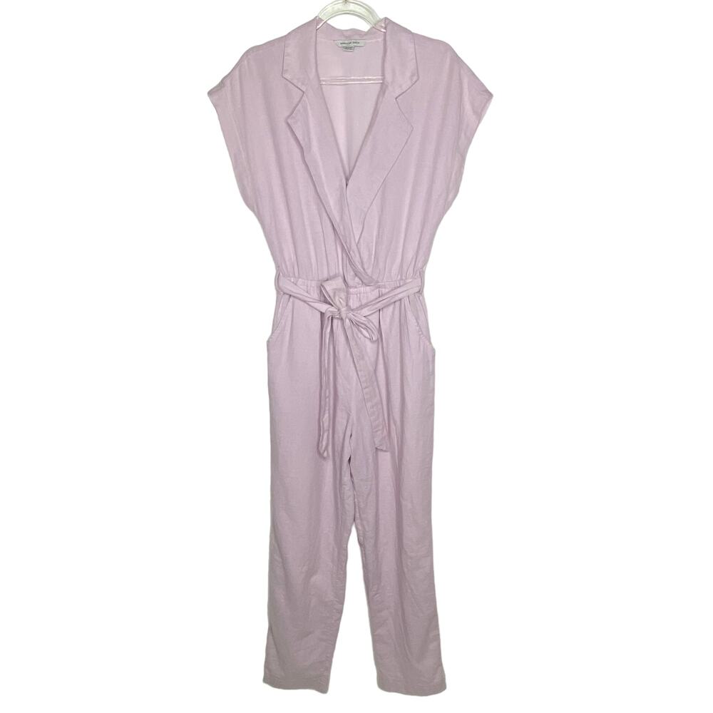 American Eagle Women’s Size XS Pink Jumpsuit Linen Blend Tie‎ Belt Cap Sleeve
